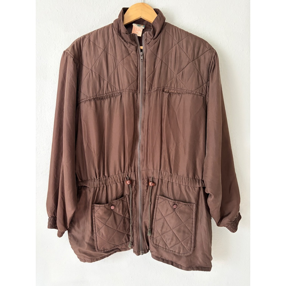 Vintage Out Brook Women 100% Silk Quilted Diamond Yoke Zip Up Jacket XL Brown